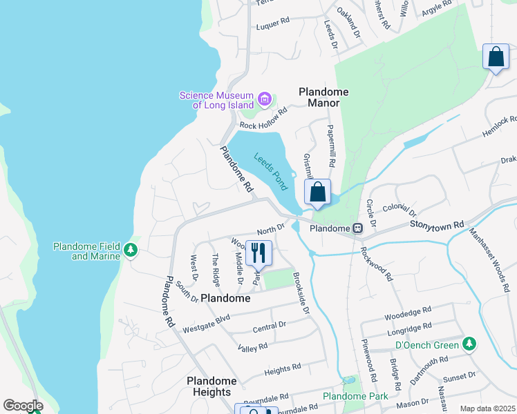 map of restaurants, bars, coffee shops, grocery stores, and more near 1332 Plandome Road in Manhasset