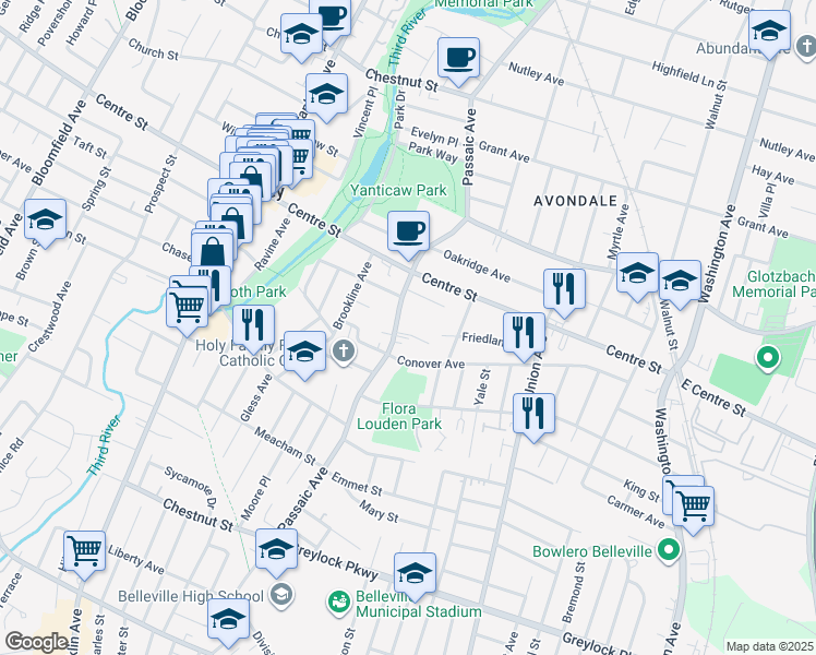 map of restaurants, bars, coffee shops, grocery stores, and more near 94 Passaic Avenue in Nutley