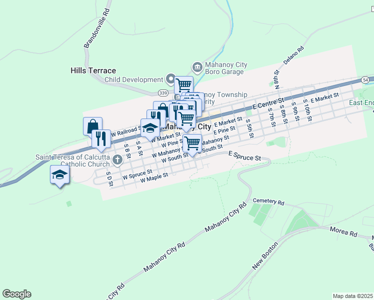 map of restaurants, bars, coffee shops, grocery stores, and more near 14 West Mahanoy Street in Mahanoy City
