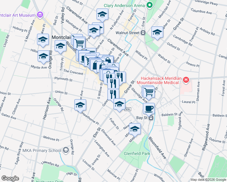 map of restaurants, bars, coffee shops, grocery stores, and more near Bloomfield Ave & Gates Ave in Montclair