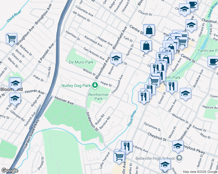map of restaurants, bars, coffee shops, grocery stores, and more near 49 Hope Street in Paterson