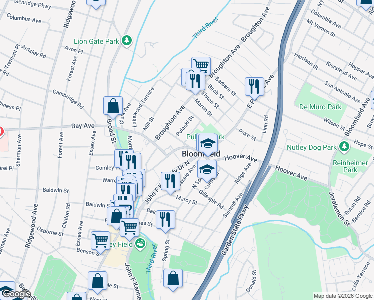 map of restaurants, bars, coffee shops, grocery stores, and more near in Bloomfield