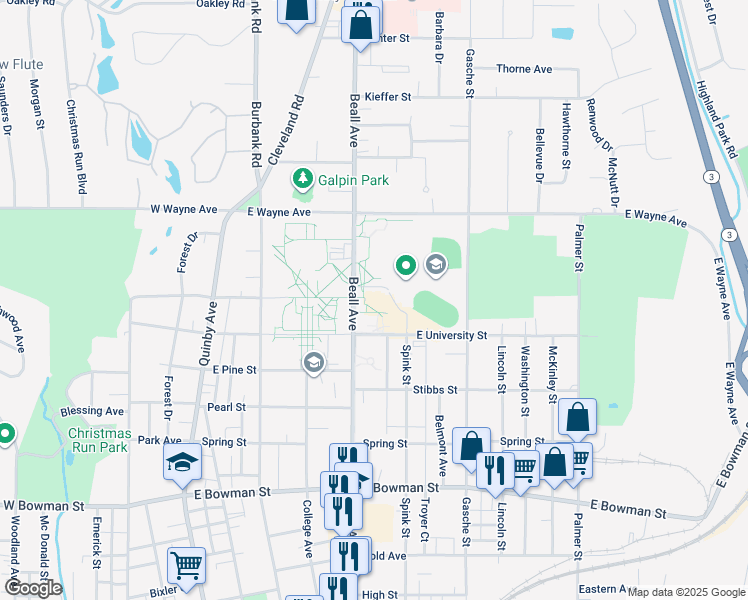 map of restaurants, bars, coffee shops, grocery stores, and more near 1189 Beall Avenue in Wooster