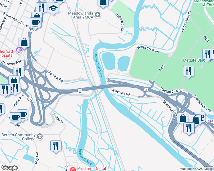 map of restaurants, bars, coffee shops, grocery stores, and more near New Jersey 3 in East Rutherford