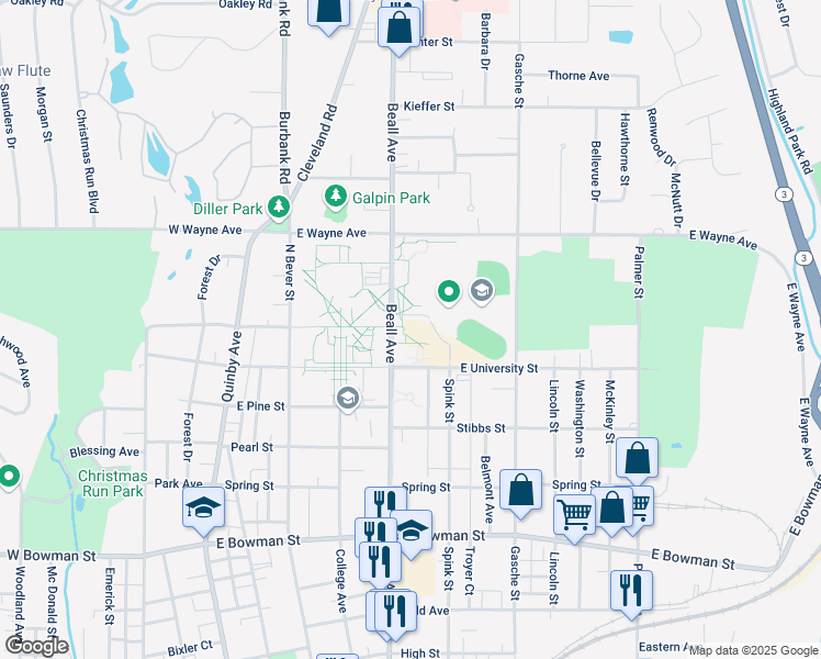 map of restaurants, bars, coffee shops, grocery stores, and more near 1189 Beall Avenue in Wooster