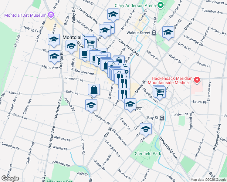 map of restaurants, bars, coffee shops, grocery stores, and more near 43 South Willow Street in Montclair