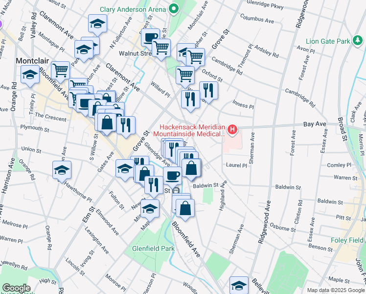 map of restaurants, bars, coffee shops, grocery stores, and more near 31 Grant Street in Montclair