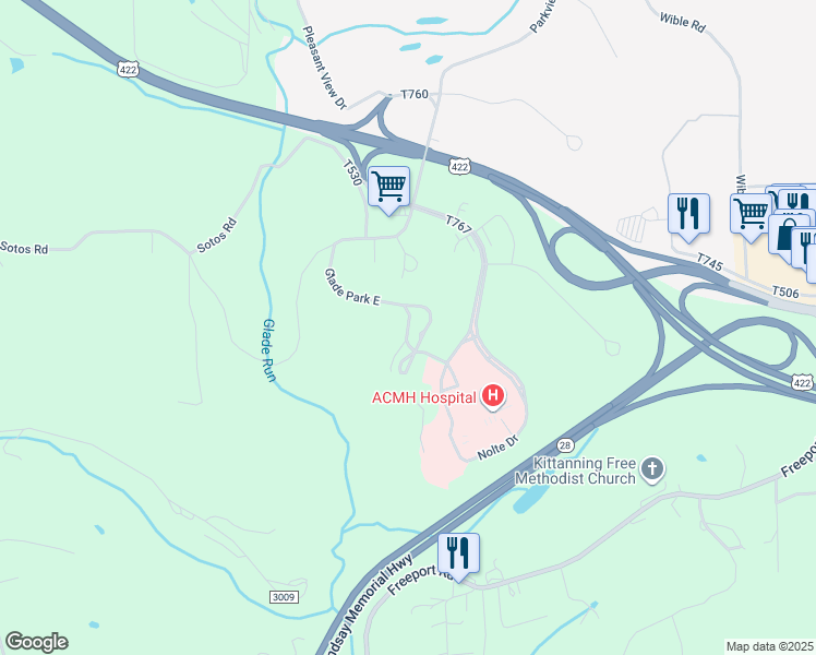 map of restaurants, bars, coffee shops, grocery stores, and more near 1014 Glade Park East in Kittanning