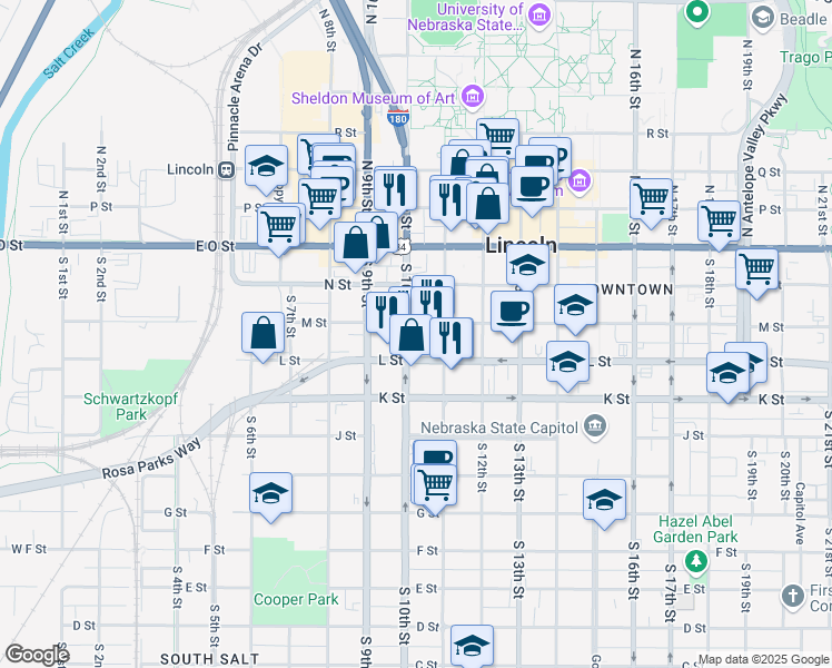 map of restaurants, bars, coffee shops, grocery stores, and more near 1002 L Street in Lincoln