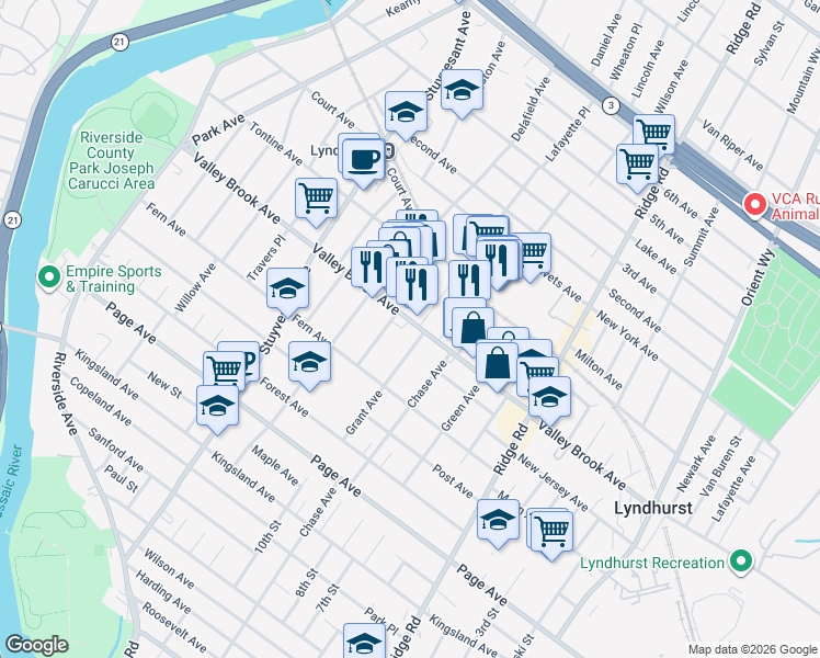 map of restaurants, bars, coffee shops, grocery stores, and more near 442 Valley Brook Avenue in Lyndhurst