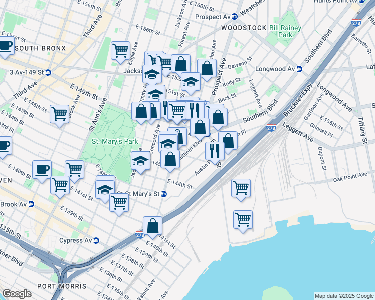map of restaurants, bars, coffee shops, grocery stores, and more near Southern Blvd & Union Ave in Bronx