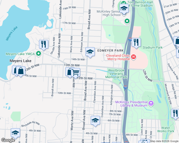 map of restaurants, bars, coffee shops, grocery stores, and more near 2608 Abbott Place Northwest in Canton