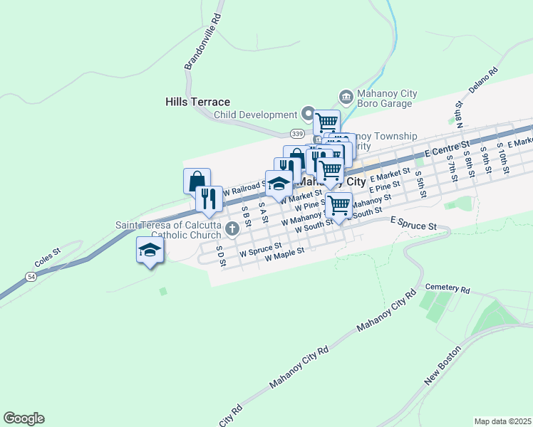 map of restaurants, bars, coffee shops, grocery stores, and more near 333 West Pine Street in Mahanoy City