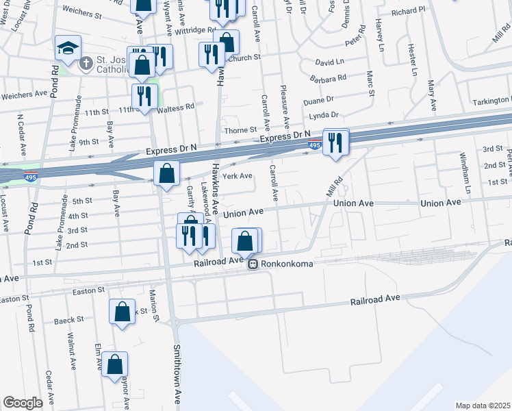 map of restaurants, bars, coffee shops, grocery stores, and more near 228 Carroll Avenue in Ronkonkoma