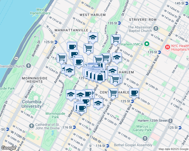 map of restaurants, bars, coffee shops, grocery stores, and more near 309 West 125th Street in New York
