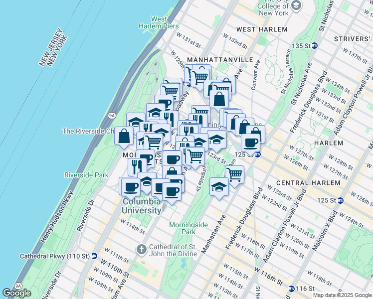 map of restaurants, bars, coffee shops, grocery stores, and more near 503 West 121st Street in New York
