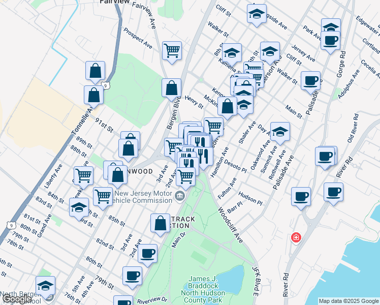 map of restaurants, bars, coffee shops, grocery stores, and more near 9245 John F. Kennedy Boulevard in North Bergen
