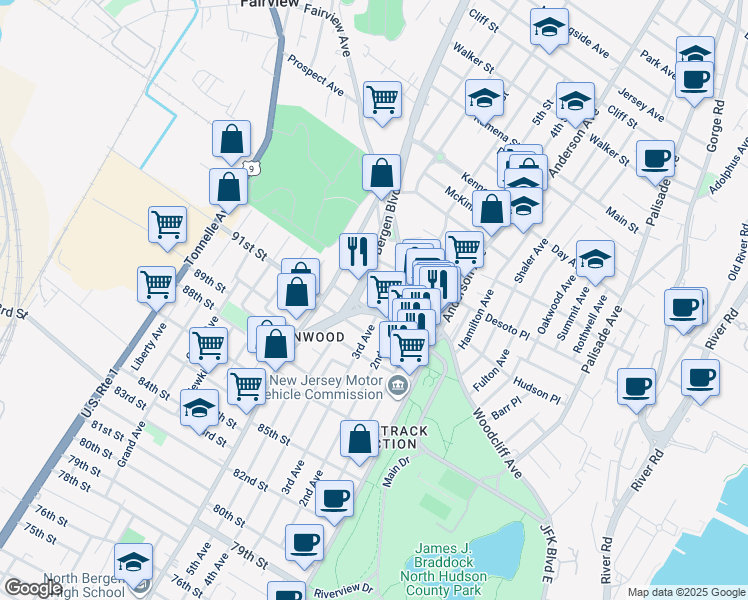 map of restaurants, bars, coffee shops, grocery stores, and more near 9103 3rd Avenue in North Bergen