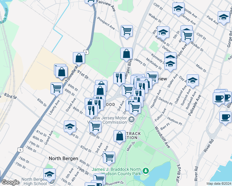 map of restaurants, bars, coffee shops, grocery stores, and more near 9023 John F. Kennedy Boulevard in North Bergen