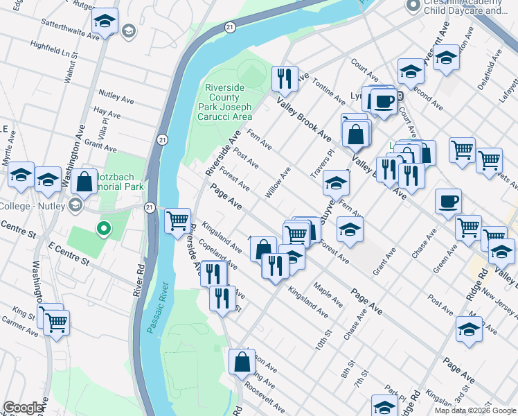 map of restaurants, bars, coffee shops, grocery stores, and more near 204 Page Avenue in Lyndhurst