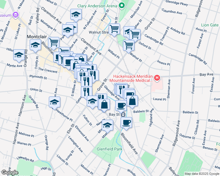 map of restaurants, bars, coffee shops, grocery stores, and more near 2 Cloverhill Place in Montclair