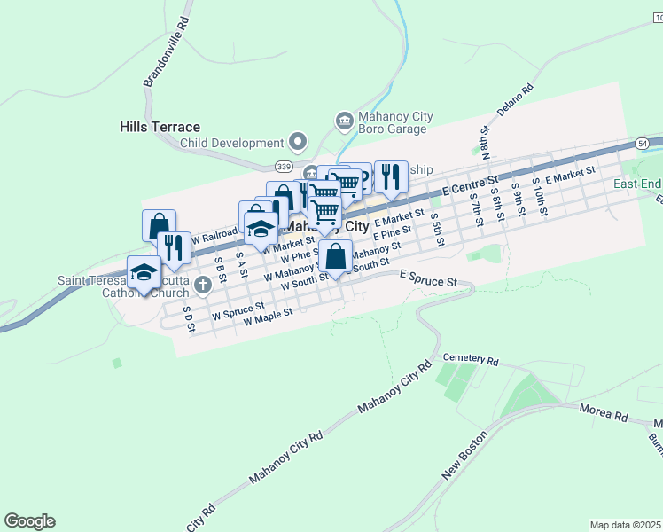 map of restaurants, bars, coffee shops, grocery stores, and more near 14 West Mahanoy Street in Mahanoy City