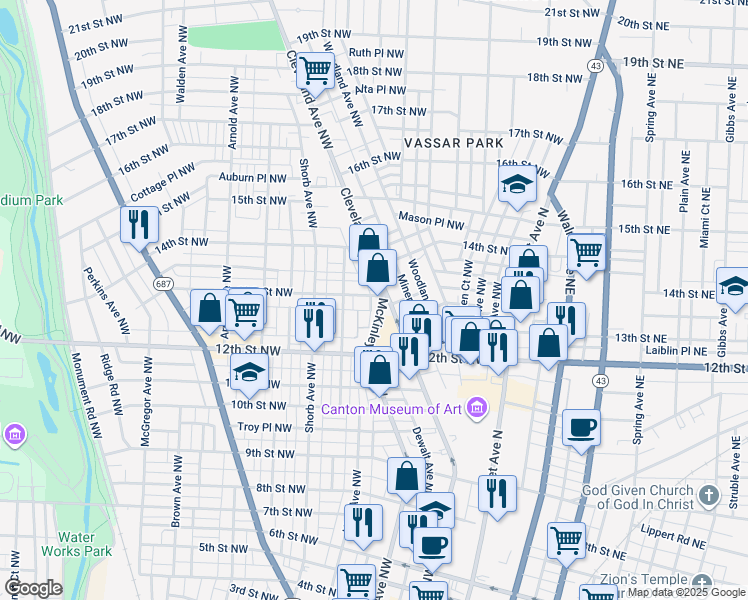 map of restaurants, bars, coffee shops, grocery stores, and more near 1241 Granite Court Northwest in Canton