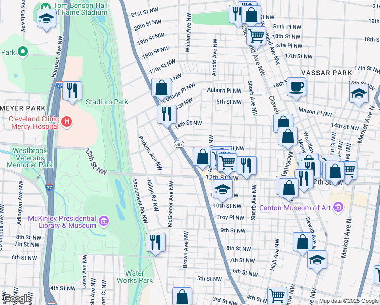 map of restaurants, bars, coffee shops, grocery stores, and more near 1234 Fulton Road Northwest in Canton