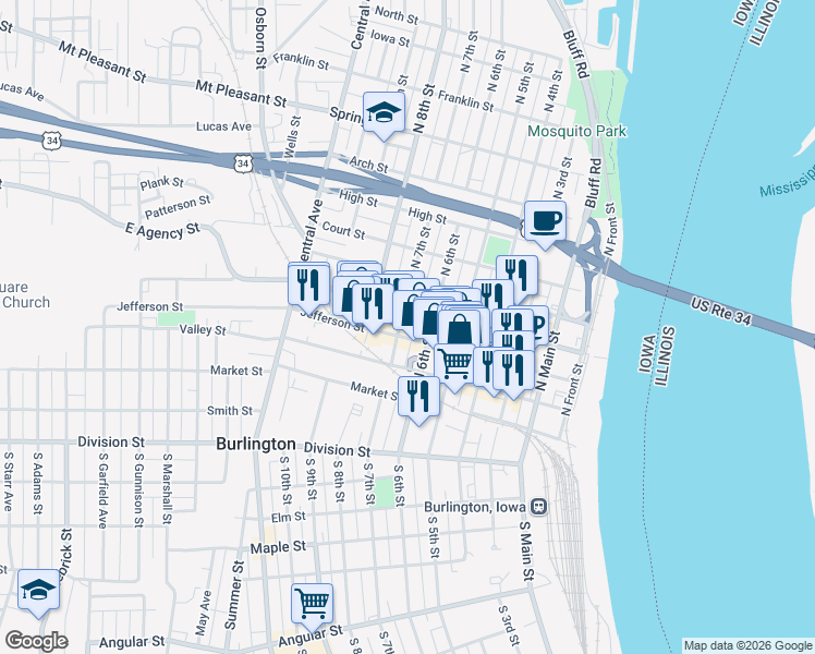 map of restaurants, bars, coffee shops, grocery stores, and more near 613 Jefferson Street in Burlington