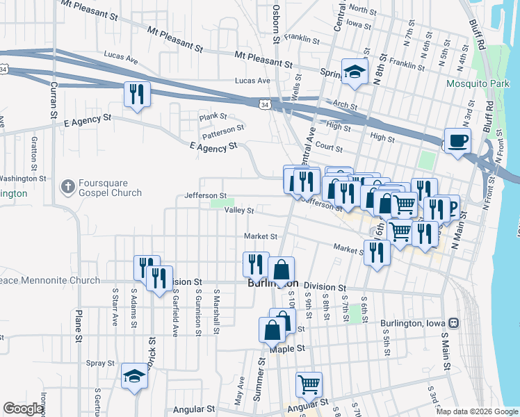 map of restaurants, bars, coffee shops, grocery stores, and more near 1114 University Pl in Burlington