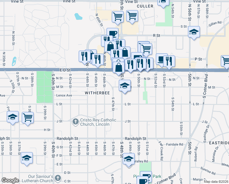 map of restaurants, bars, coffee shops, grocery stores, and more near 355 South 48th Street in Lincoln
