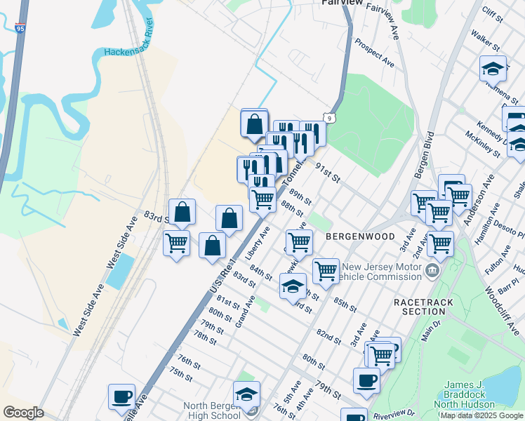 map of restaurants, bars, coffee shops, grocery stores, and more near 8516 Tonnelle Avenue in North Bergen