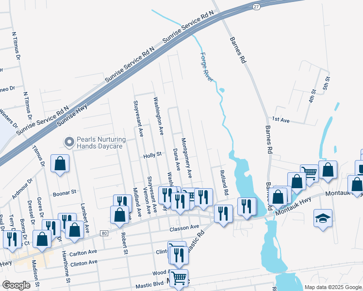 map of restaurants, bars, coffee shops, grocery stores, and more near 56 Montgomery Avenue in Mastic