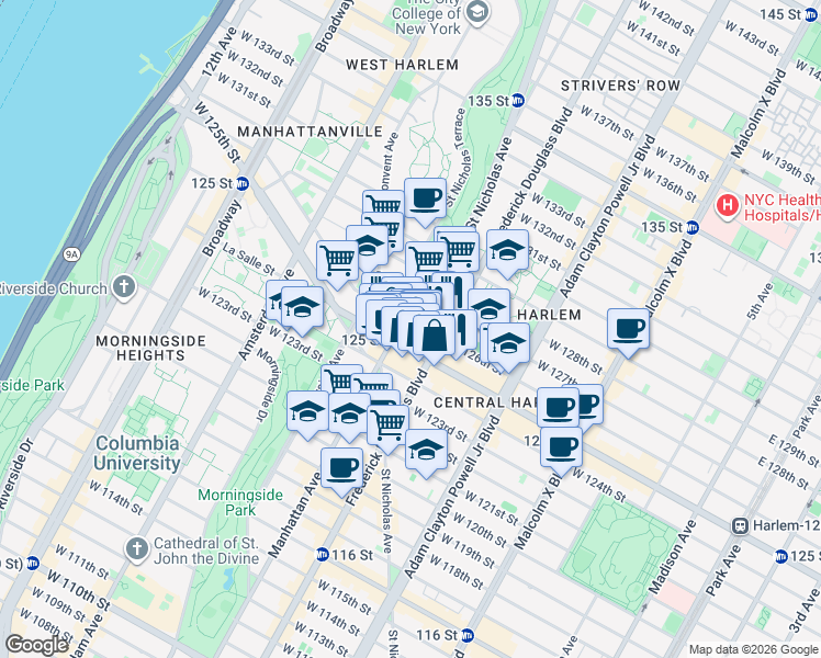 map of restaurants, bars, coffee shops, grocery stores, and more near 309 West 125th Street in New York