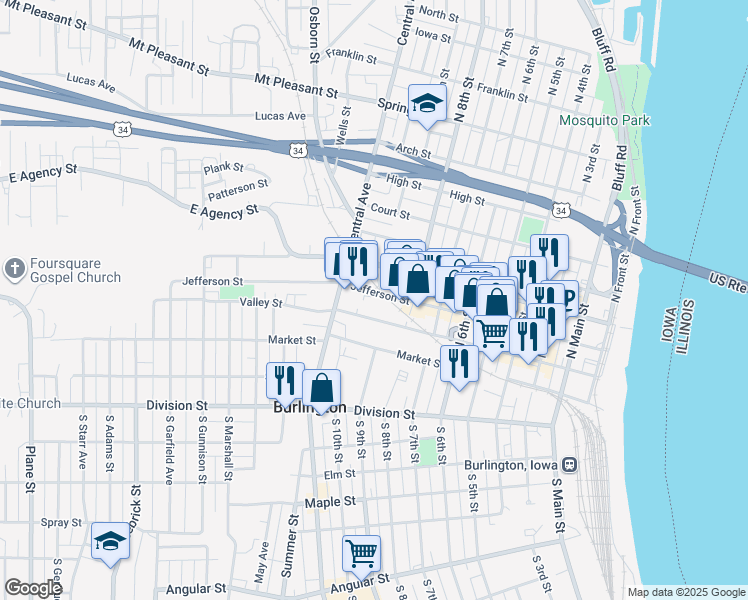 map of restaurants, bars, coffee shops, grocery stores, and more near 800-816 Valley Street in Burlington