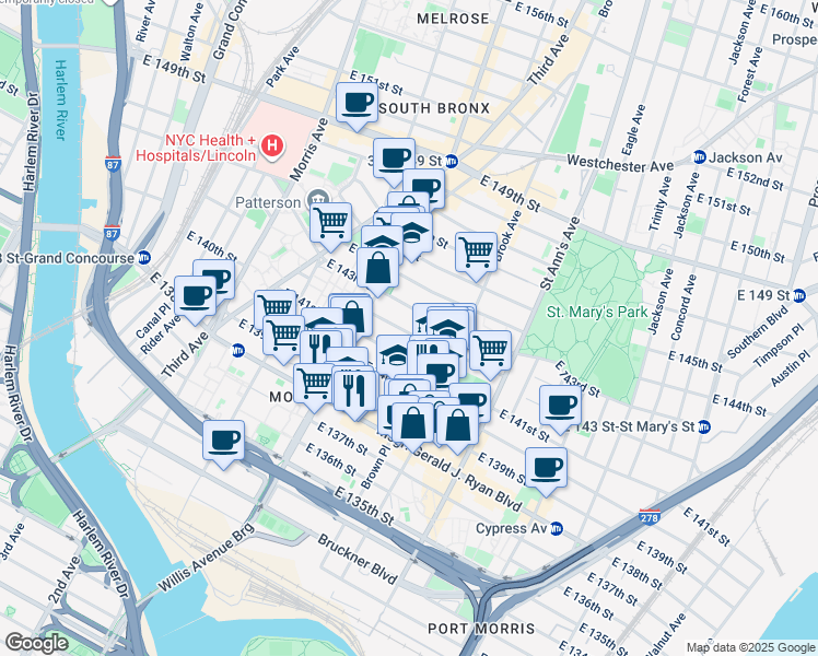 map of restaurants, bars, coffee shops, grocery stores, and more near 445 East 142nd Street in The Bronx