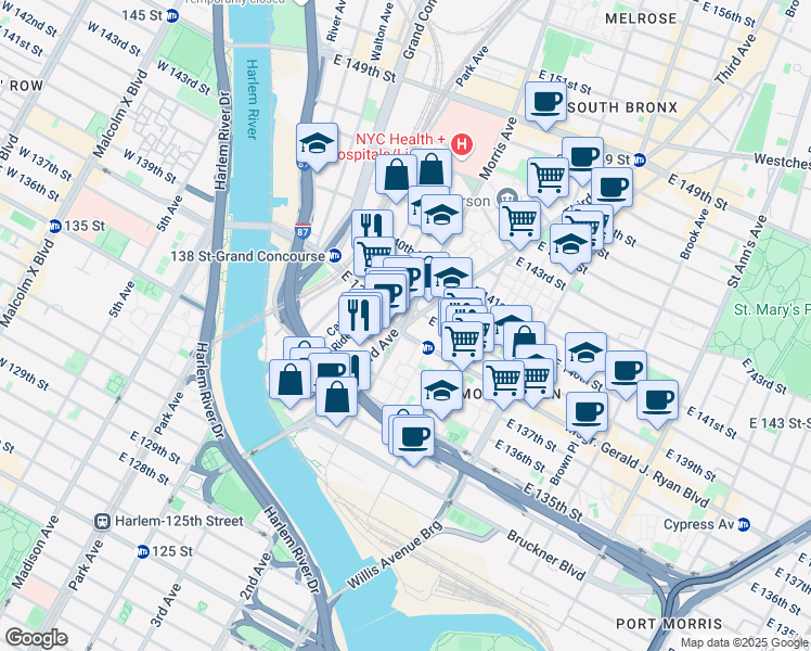map of restaurants, bars, coffee shops, grocery stores, and more near 205 Third Avenue in The Bronx