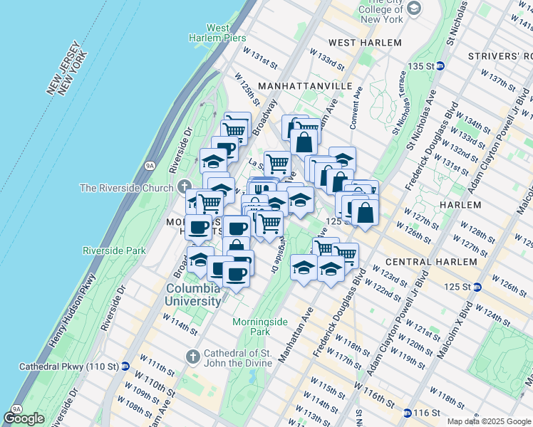 map of restaurants, bars, coffee shops, grocery stores, and more near 123 Morningside Drive in New York
