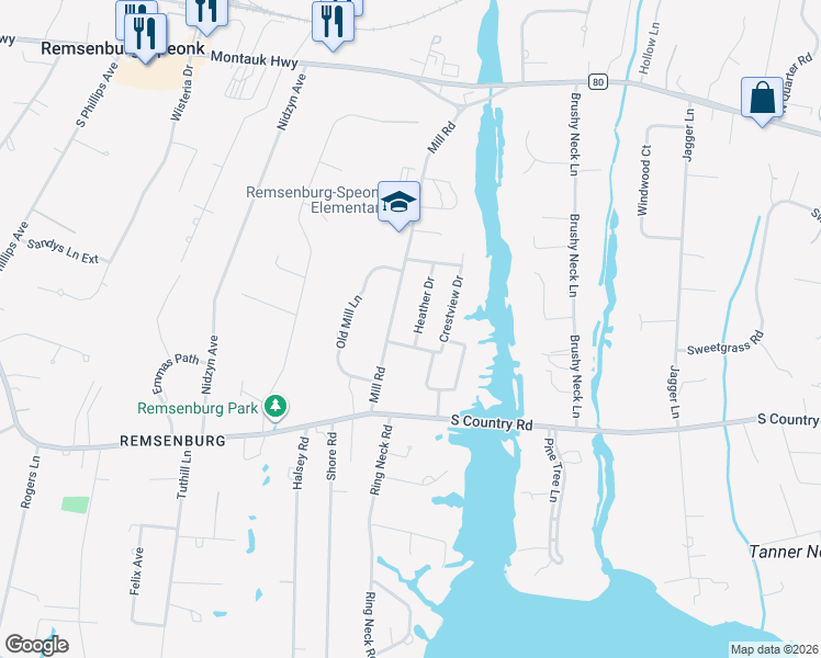 map of restaurants, bars, coffee shops, grocery stores, and more near 3 White Birch Lane in Remsenburg-Speonk