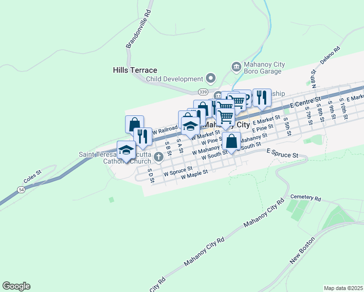 map of restaurants, bars, coffee shops, grocery stores, and more near 333 West Pine Street in Mahanoy City