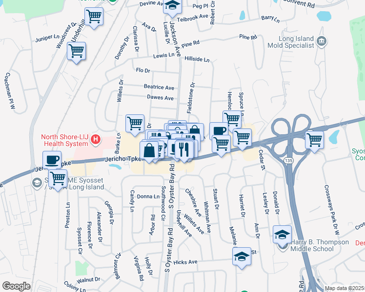 map of restaurants, bars, coffee shops, grocery stores, and more near 397 Jericho Turnpike in Syosset