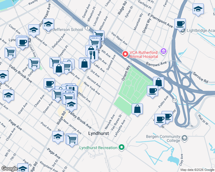 map of restaurants, bars, coffee shops, grocery stores, and more near 741 2nd Avenue in Lyndhurst
