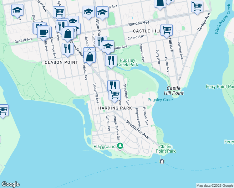 map of restaurants, bars, coffee shops, grocery stores, and more near 238 White Plains Road in Bronx