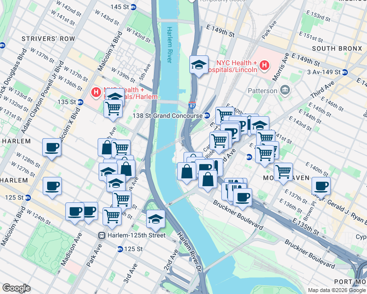 map of restaurants, bars, coffee shops, grocery stores, and more near 200 East 135th Street in Bronx