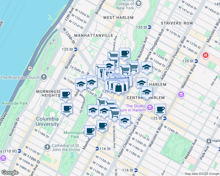 map of restaurants, bars, coffee shops, grocery stores, and more near 369 West 125th Street in New York