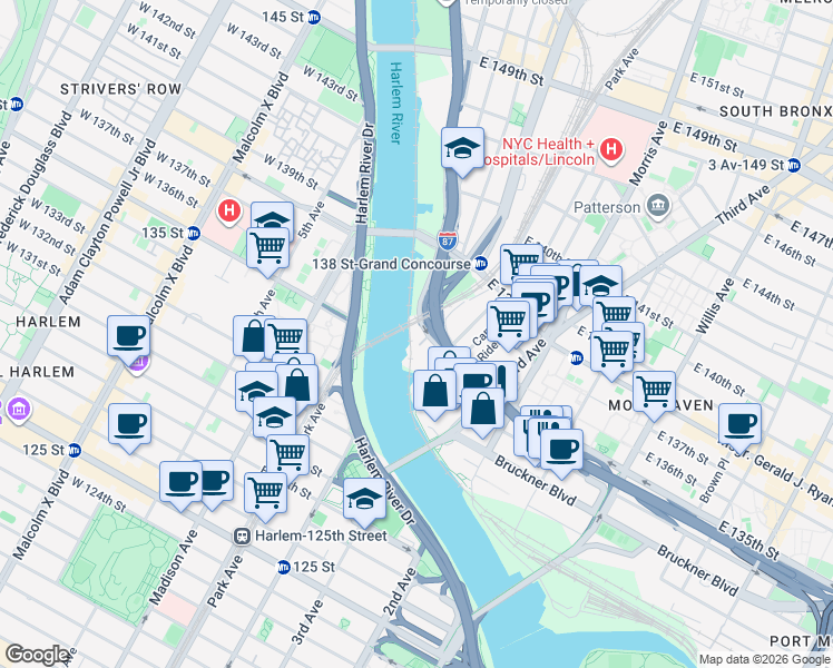 map of restaurants, bars, coffee shops, grocery stores, and more near 200 East 135th Street in Bronx