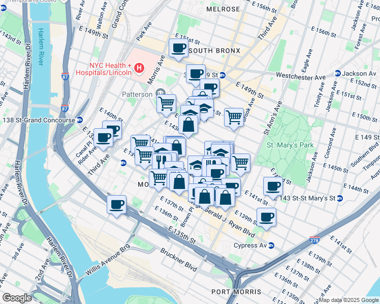 map of restaurants, bars, coffee shops, grocery stores, and more near 437 East 141st Street in Bronx