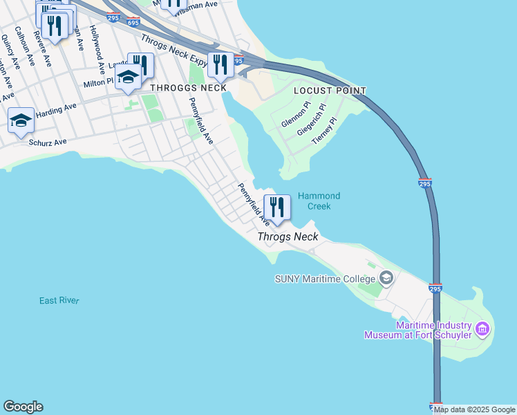 map of restaurants, bars, coffee shops, grocery stores, and more near 110 Pennyfield Avenue in Bronx
