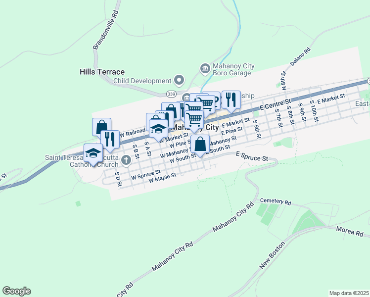 map of restaurants, bars, coffee shops, grocery stores, and more near 113 West Mahanoy Street in Mahanoy City