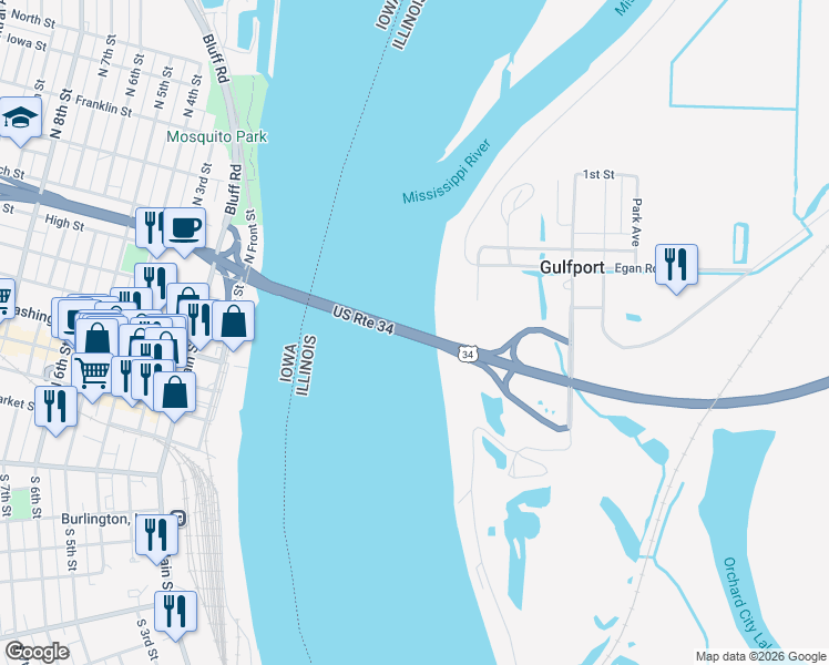 map of restaurants, bars, coffee shops, grocery stores, and more near Walter Payton Memorial Highway in Burlington